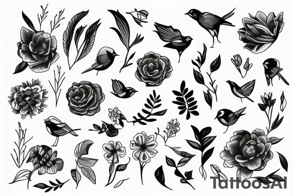 Flower with key and bird tattoo idea