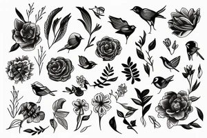 Flower with key and bird tattoo idea