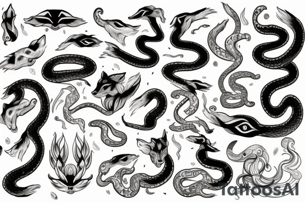 Fox and snake intertwined with celestial images surrounding tattoo idea