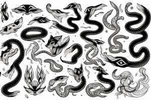 Fox and snake intertwined with celestial images surrounding tattoo idea