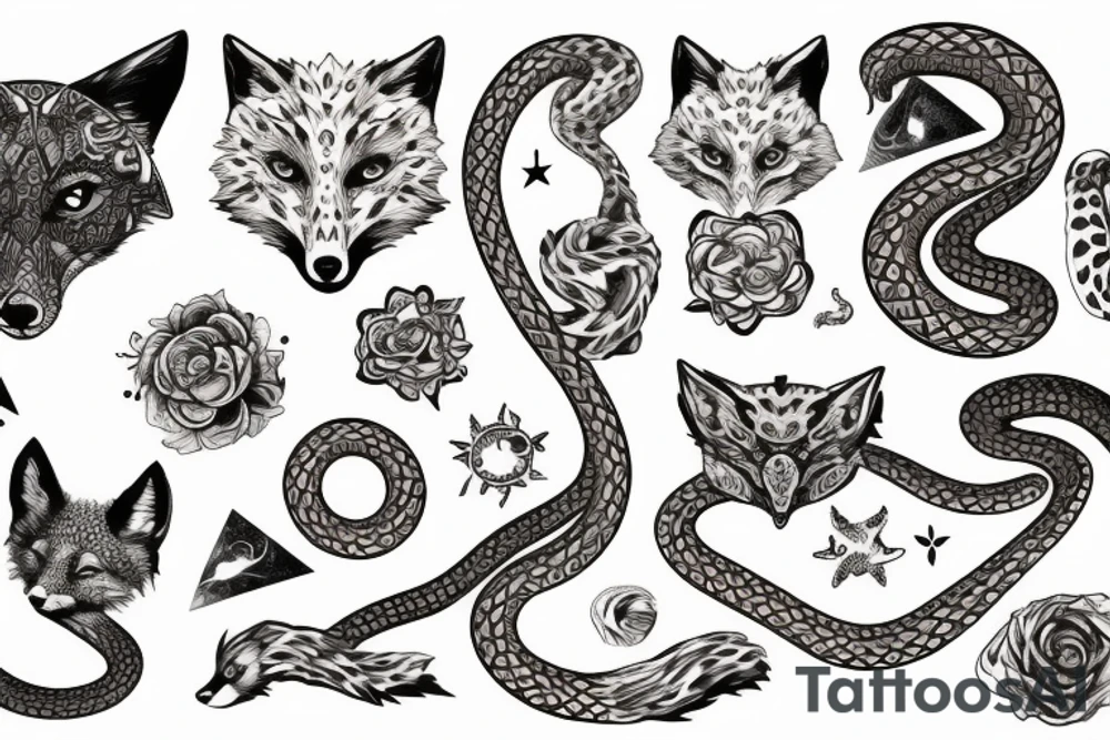 Fox and snake intertwined with celestial images surrounding tattoo idea