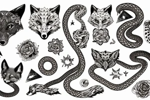 Fox and snake intertwined with celestial images surrounding tattoo idea