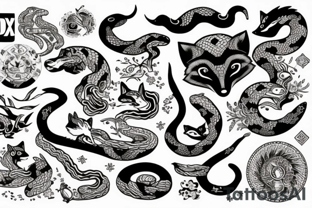 Fox and snake intertwined with celestial images surrounding tattoo idea
