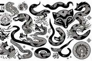 Fox and snake intertwined with celestial images surrounding tattoo idea