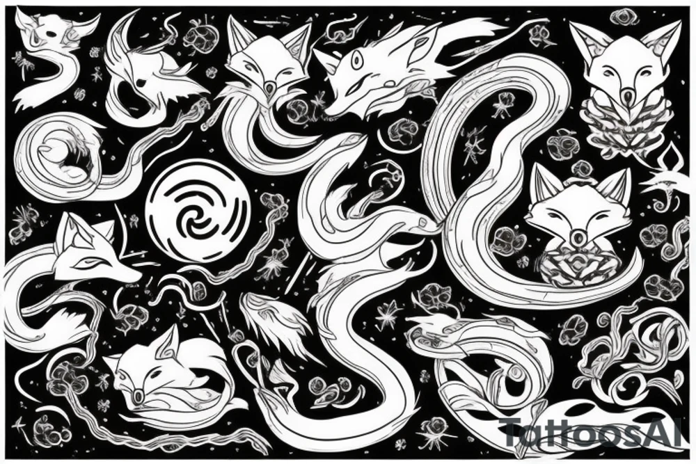 Fox and snake intertwined with celestial images surrounding tattoo idea