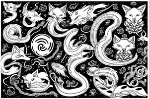 Fox and snake intertwined with celestial images surrounding tattoo idea