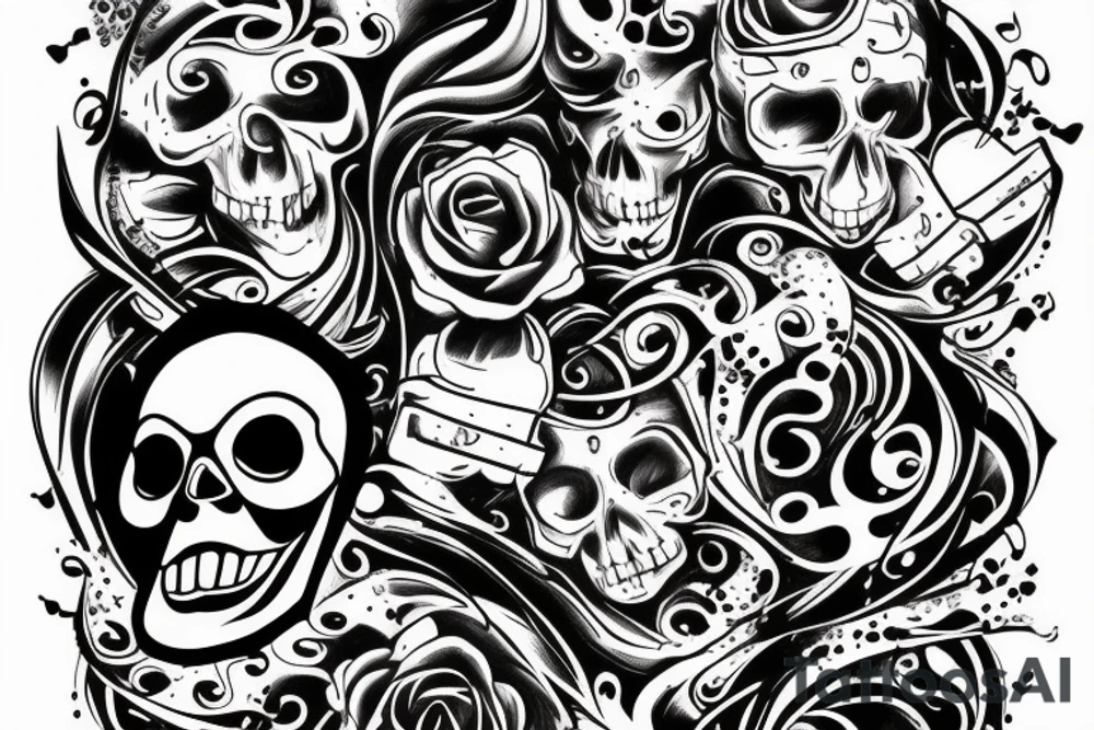 Music bursting out of skull tattoo idea