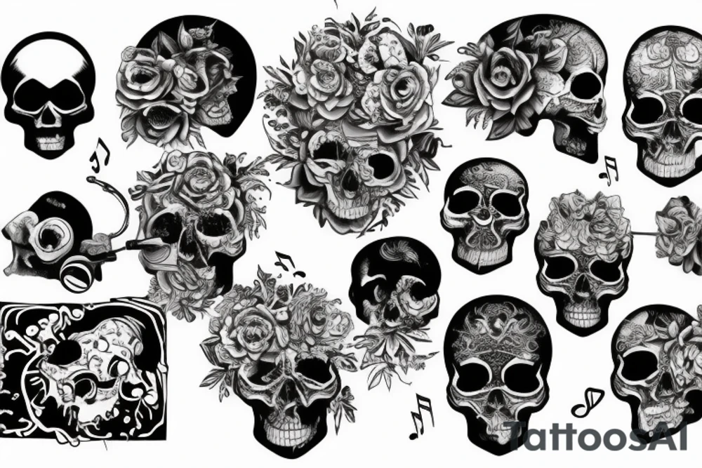 Music bursting out of skull tattoo idea
