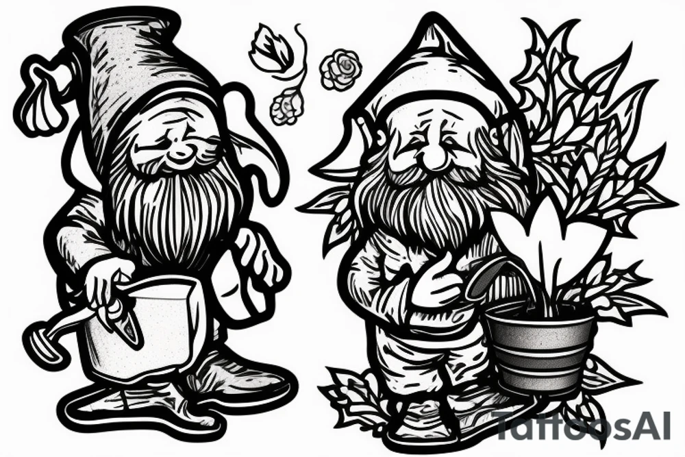 gnome in a plant with a watering can tattoo idea