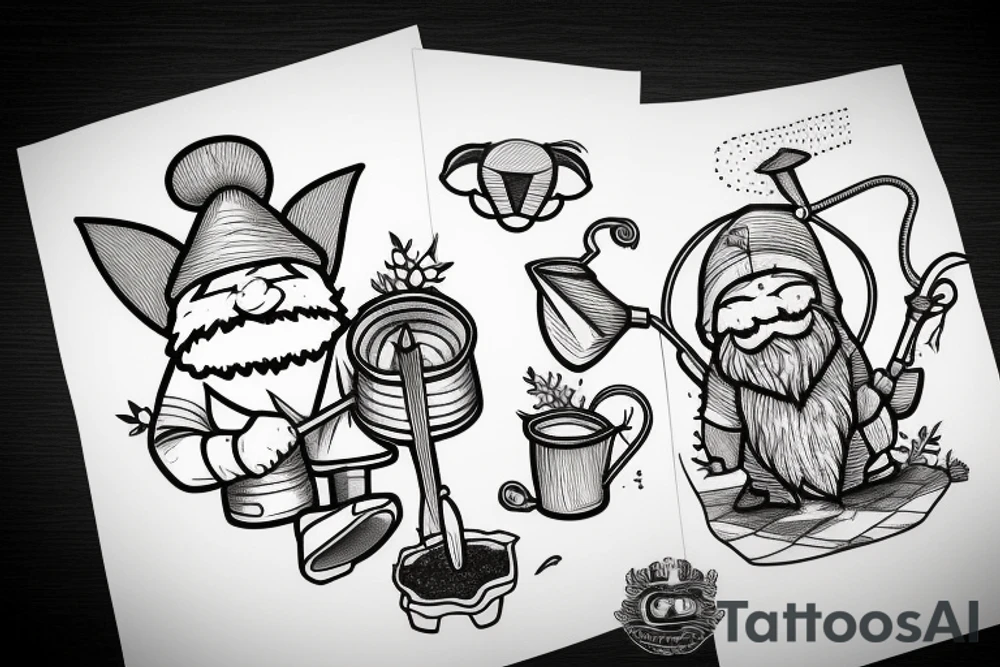 gnome in a plant with a watering can tattoo idea