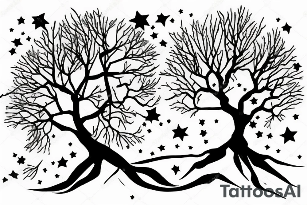 Tree on a Hill and Sky above with stars tattoo idea