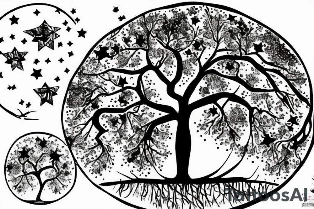 Tree on a Hill and Sky above with stars tattoo idea