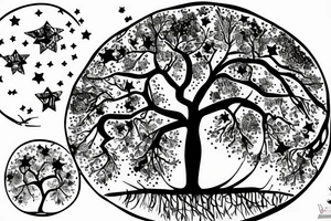 Tree on a Hill and Sky above with stars tattoo idea