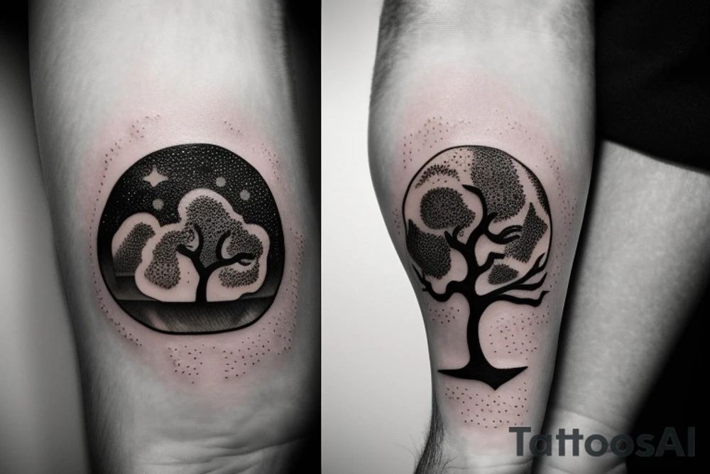 Tree on a Hill and Sky above with stars tattoo idea