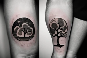 Tree on a Hill and Sky above with stars tattoo idea