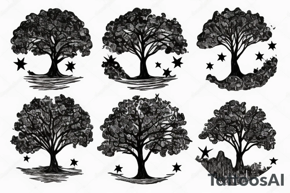 Tree on a Hill and Sky above with stars tattoo idea