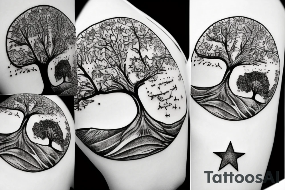 Tree on a Hill and Sky above with stars tattoo idea