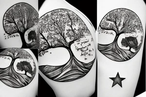 Tree on a Hill and Sky above with stars tattoo idea