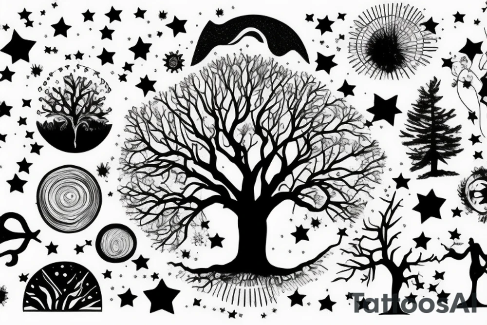 Tree on a Hill and Sky above with stars tattoo idea