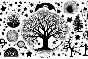 Tree on a Hill and Sky above with stars tattoo idea