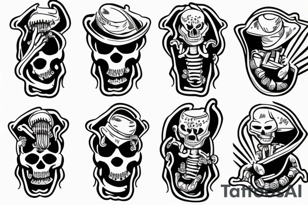 One-armed surfing skeleton simple tattoo idea