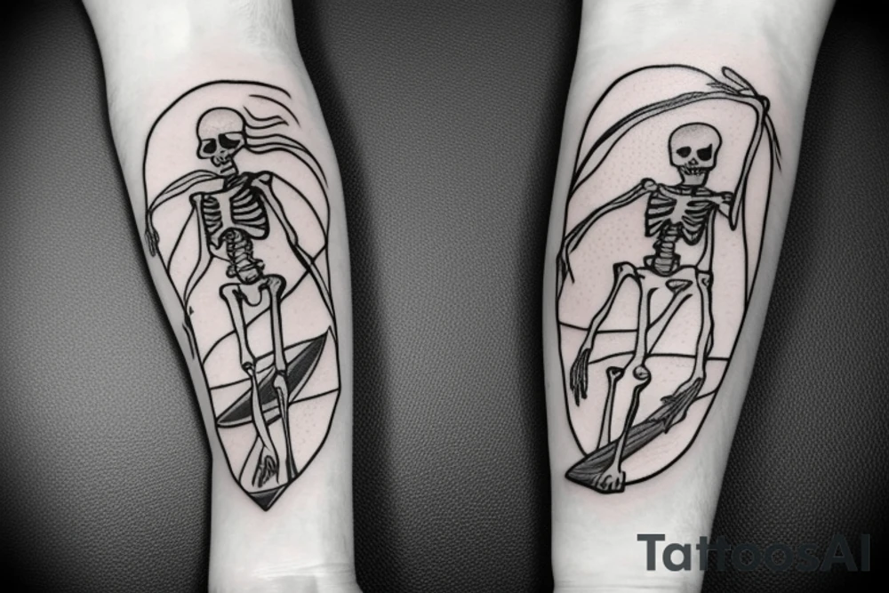Surfing skeleton with one arm simple tattoo idea Surfing skeleton with one arm simple tattoo idea