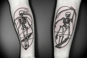 Surfing skeleton with one arm simple tattoo idea