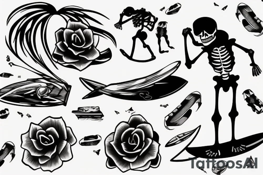 Surfing skeleton with one arm simple tattoo idea Surfing skeleton with one arm simple tattoo idea