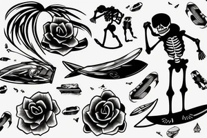 Surfing skeleton with one arm simple tattoo idea