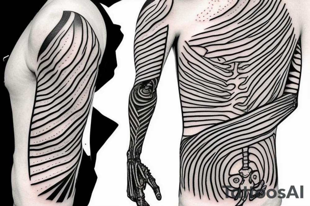Surfing skeleton with one arm simple tattoo idea