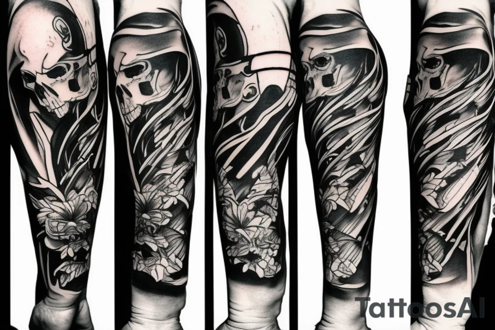 Surfing skeleton with one arm simple tattoo idea