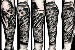 Surfing skeleton with one arm simple tattoo idea