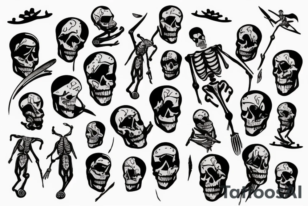 One-armed skeleton surfing tattoo idea