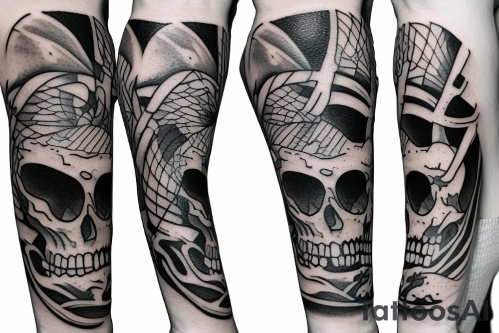 One-armed skeleton surfing tattoo idea