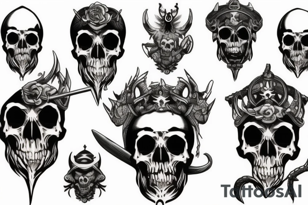 skull and dragons and swords tattoo idea