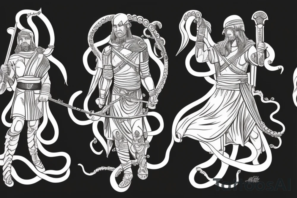 A Roman leader wielding dual swords fighting off a cosmic entity that has tentacles tattoo idea