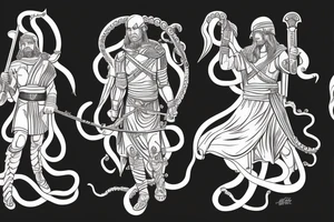 A Roman leader wielding dual swords fighting off a cosmic entity that has tentacles tattoo idea