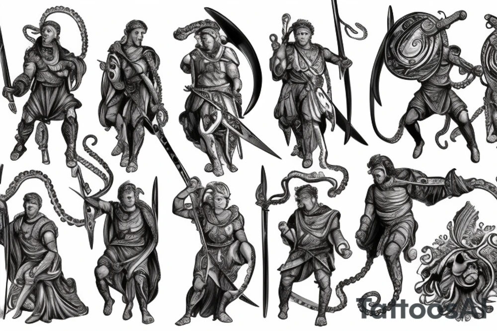 A Roman leader wielding dual swords fighting off a cosmic entity that has tentacles tattoo idea