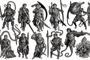 A Roman leader wielding dual swords fighting off a cosmic entity that has tentacles tattoo idea