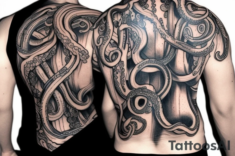 Tentacles on man’s shoulders and back tattoo idea