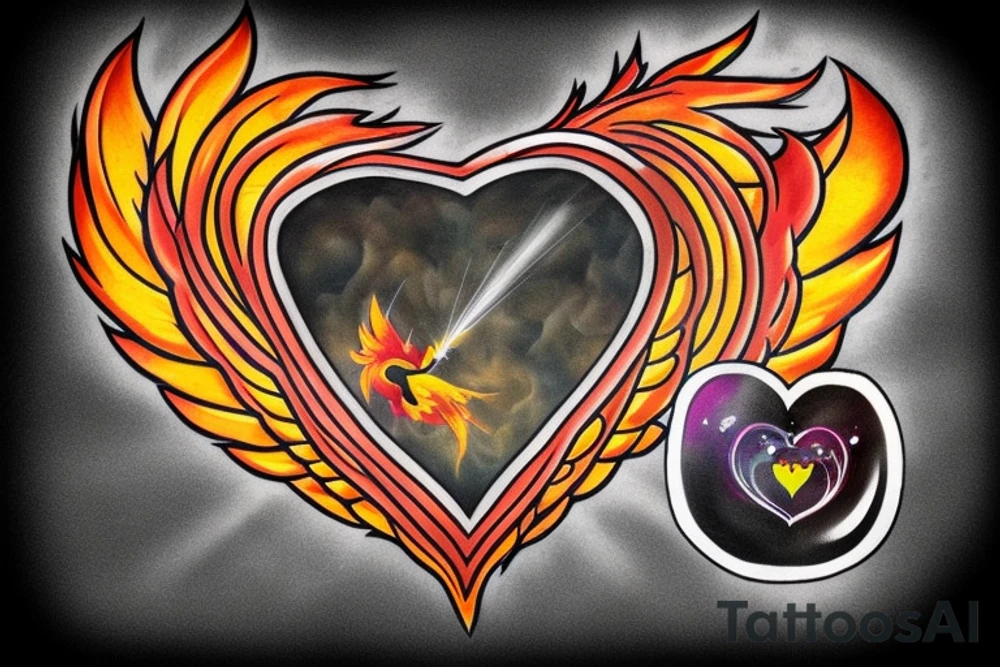 Heart shaped time bomb with phoenix wings in the background. Light beams coming out of the heart shaped time bomb. tattoo idea