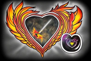 Heart shaped time bomb with phoenix wings in the background. Light beams coming out of the heart shaped time bomb. tattoo idea