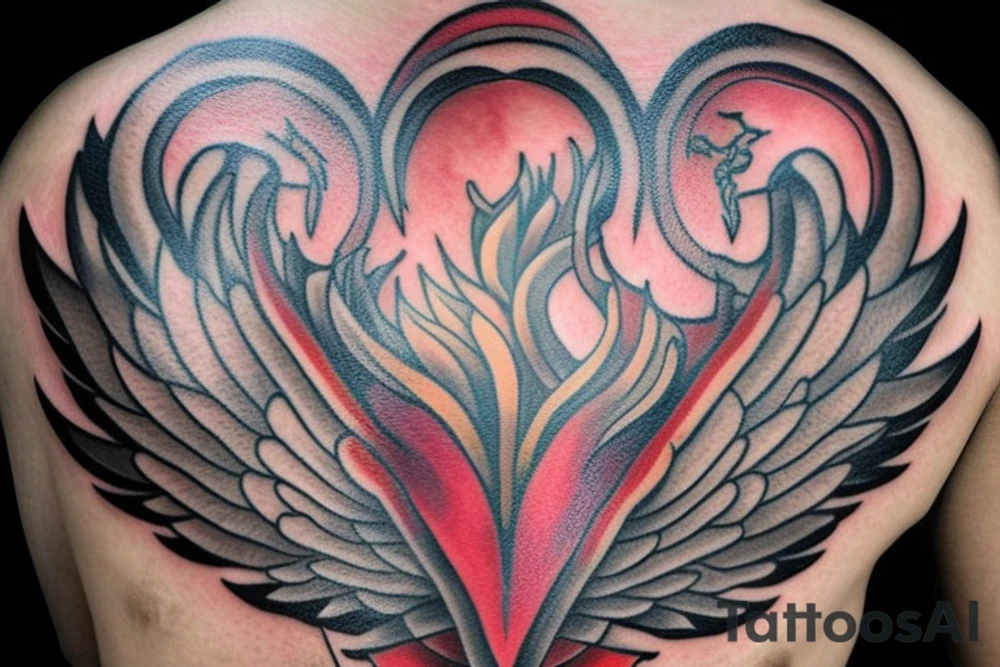 Heart shaped time bomb with phoenix wings in the background. Light beams coming out of the heart shaped time bomb. tattoo idea