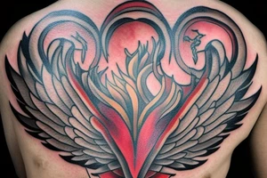Heart shaped time bomb with phoenix wings in the background. Light beams coming out of the heart shaped time bomb. tattoo idea