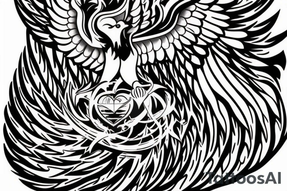 Heart shaped time bomb with phoenix wings in the background. tattoo idea