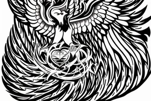 Heart shaped time bomb with phoenix wings in the background. tattoo idea