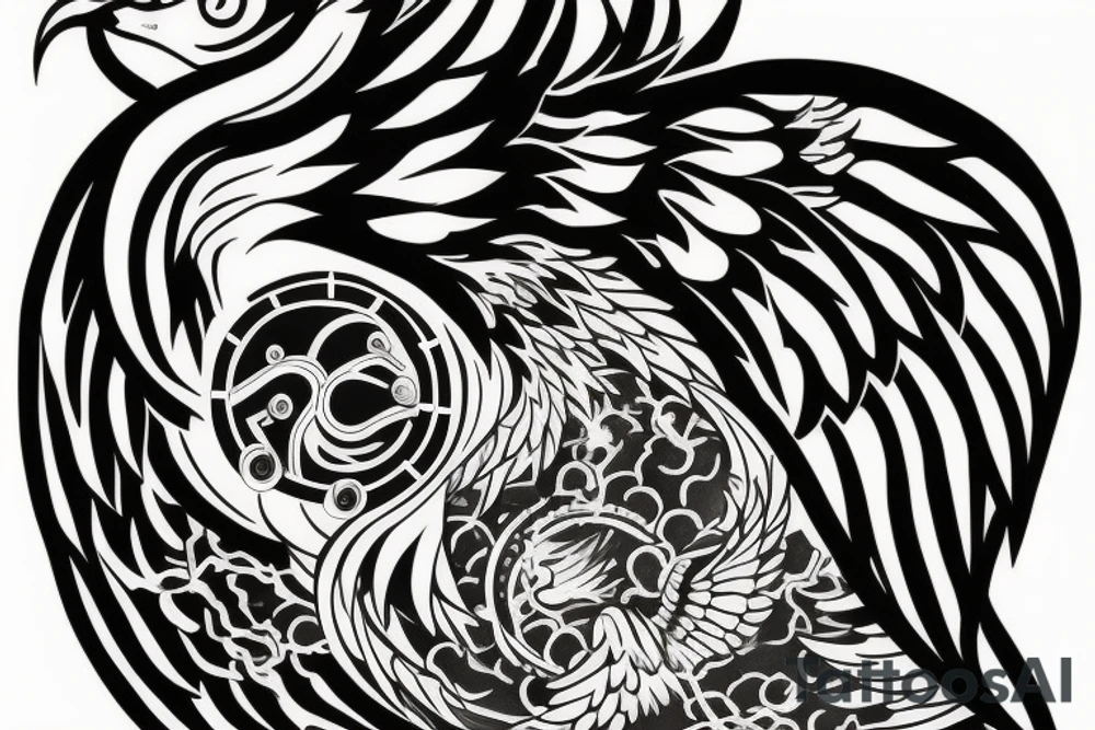 Heart shaped time bomb with phoenix wings in the background. tattoo idea