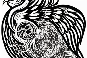 Heart shaped time bomb with phoenix wings in the background. tattoo idea