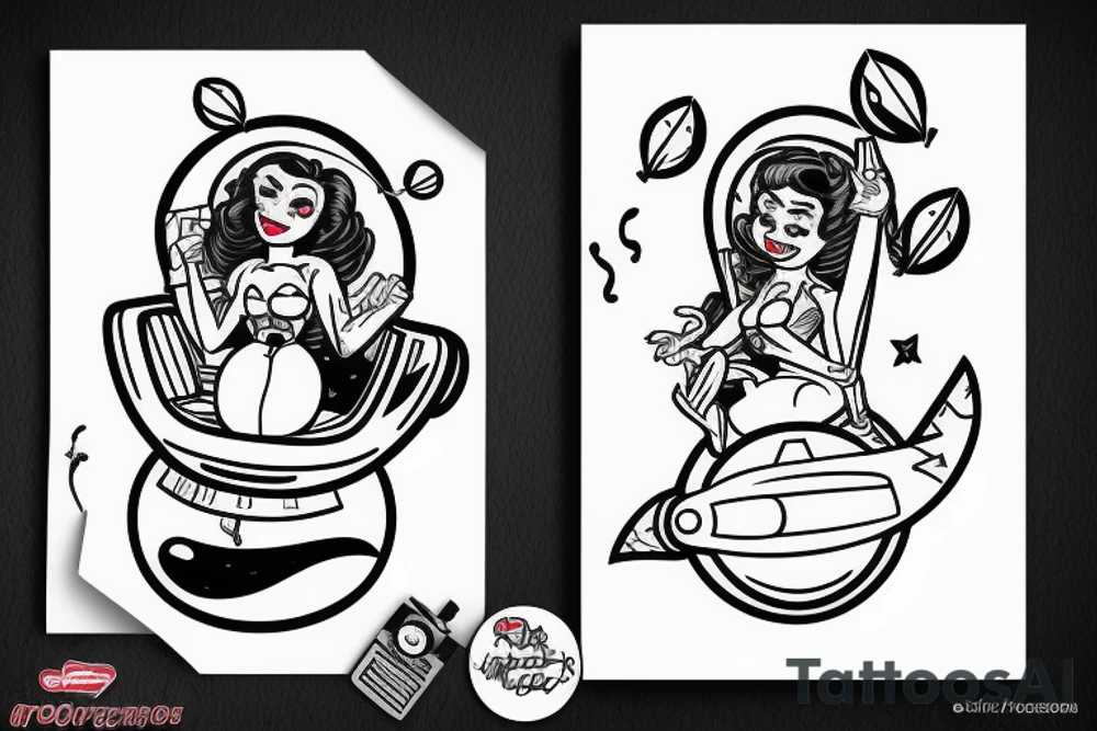 Astronaut pin up girl riding a rocketship. tattoo idea