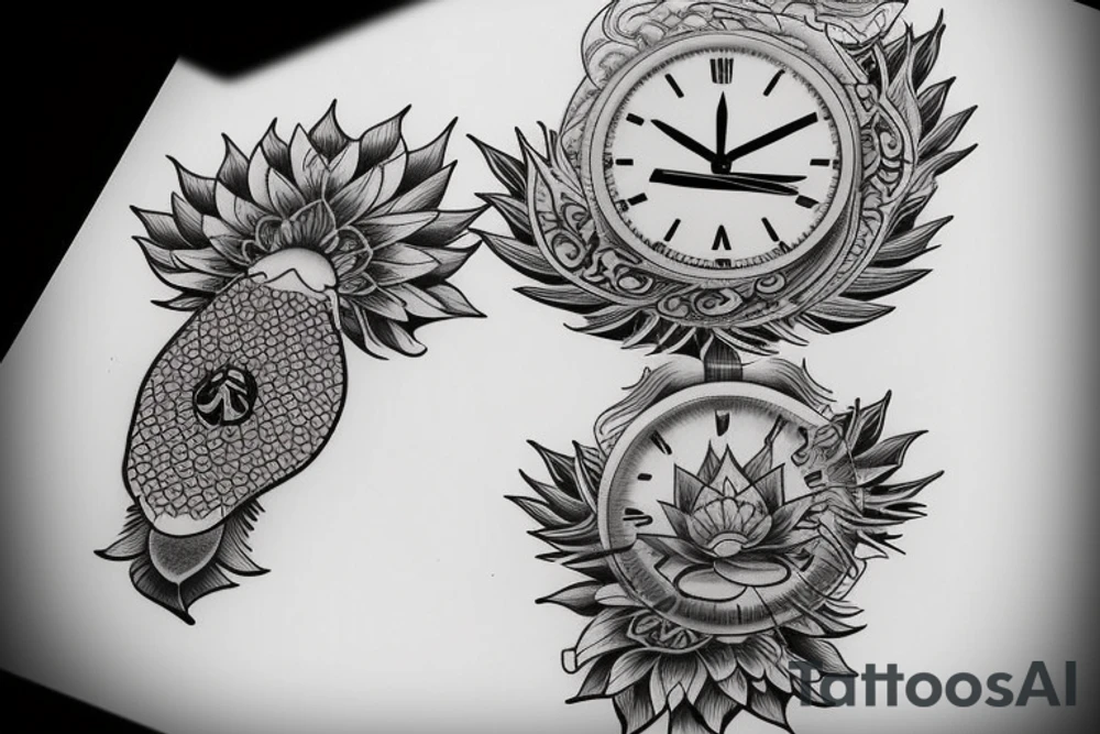 Start a sleeve with Lotus flower with a koi fish swimming towards a clock on the shoulder musical notes and a tiger’s eye tattoo idea